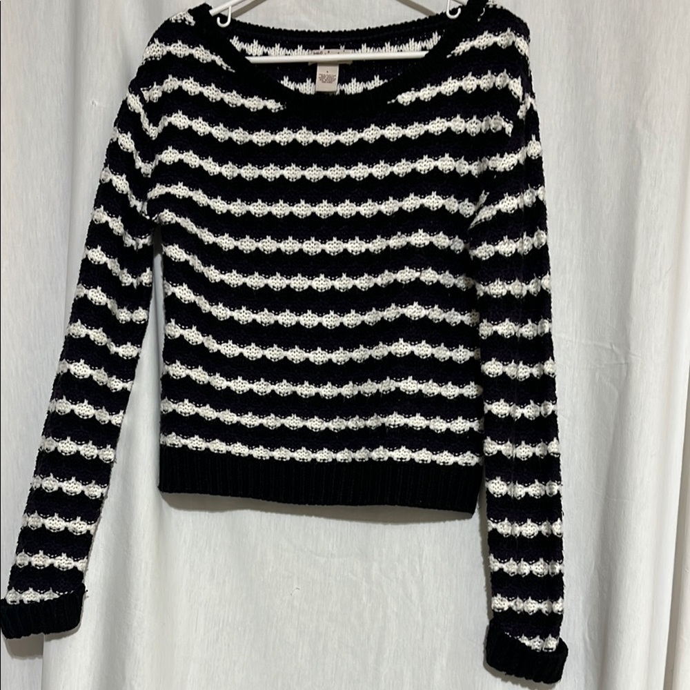 Glimmer by J.J. Basics Striped Black, White and purple Sweater cuffed sleeves